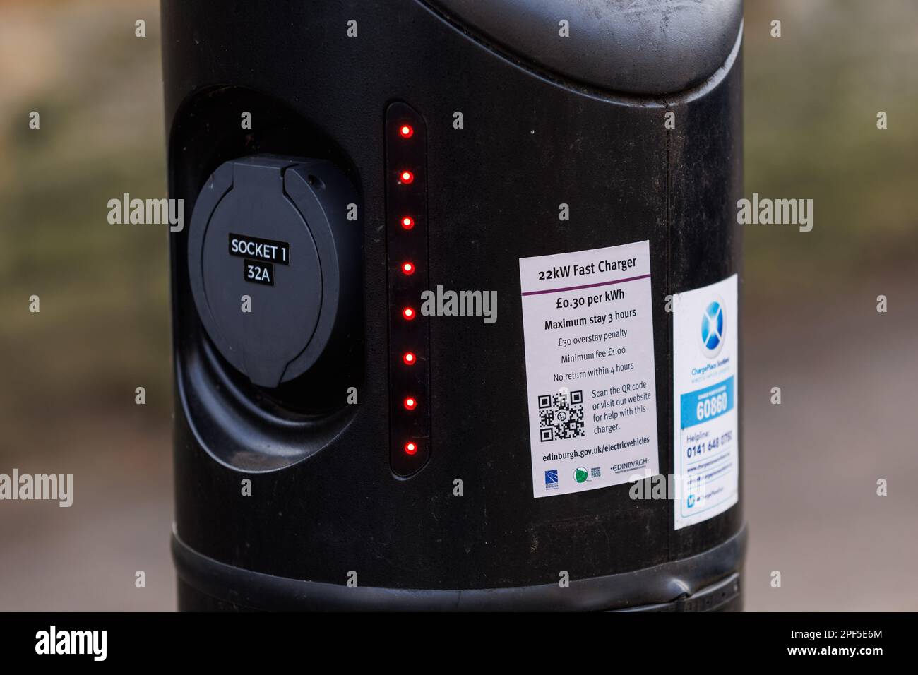 A faulty BP Pulse branded electric vehicle EV charger on the ChargePlace Scotland network operated by the City of Edinburgh Council. Stock Photo