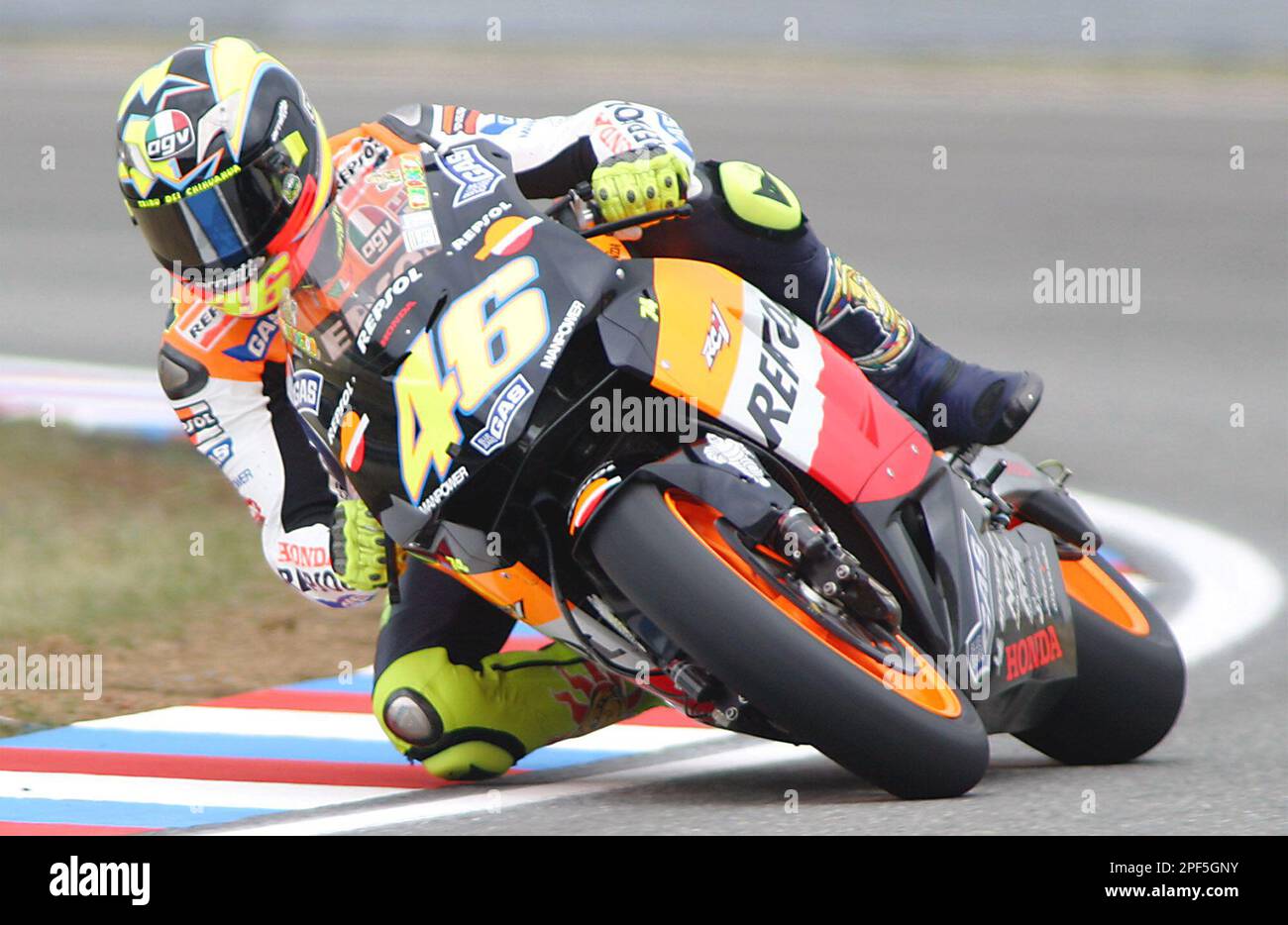 Moto GP rider and overall leader Valentino Rossi from Italy speeds up  during the first free practice for the Czech Motorcycling Grand Prix in Brno,  Czech Republic, on Friday, Aug. 15, 2003.
