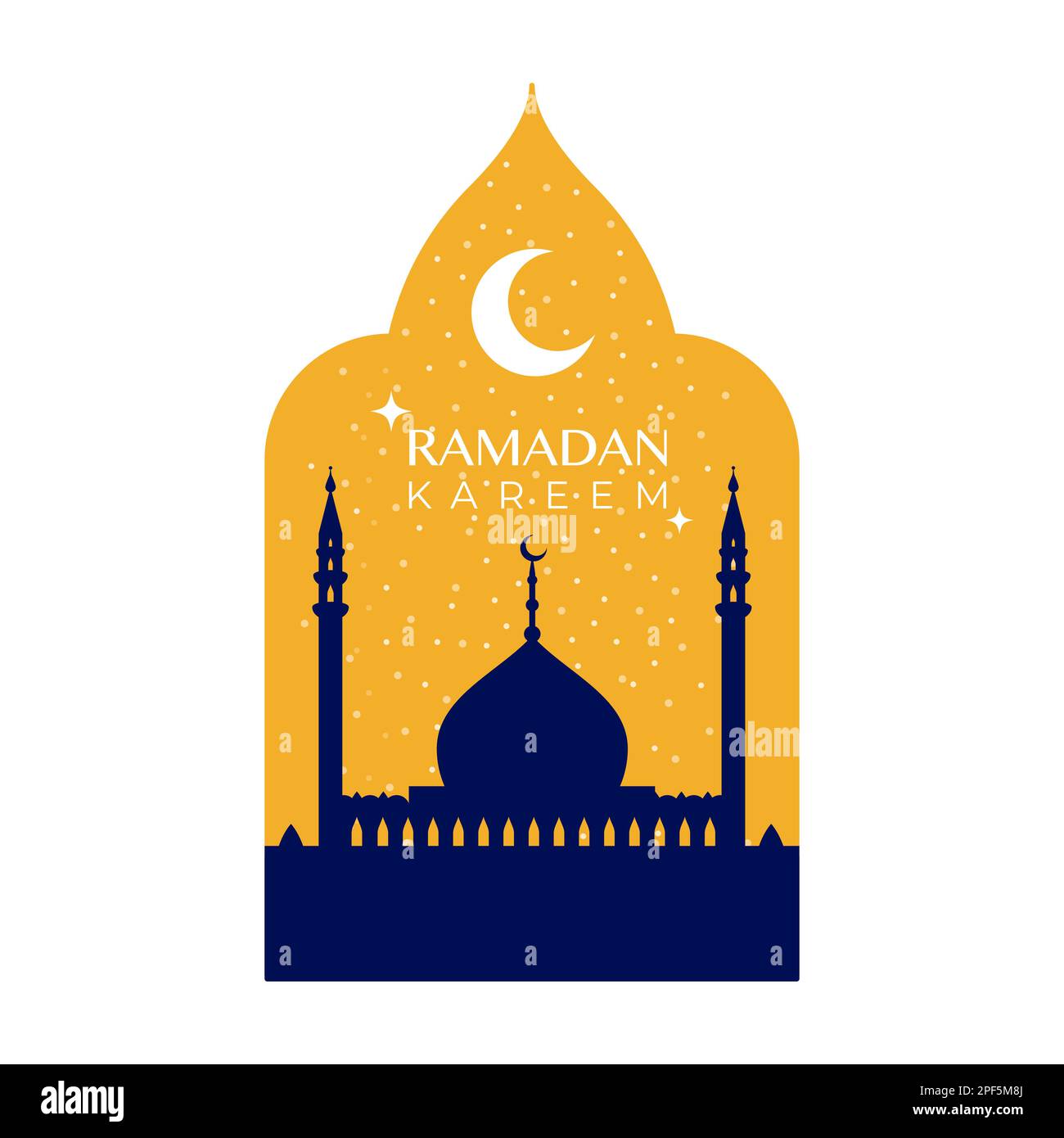 Ramadan Kareem. Sunset skyline with mosque dome, moon and stars. Vector illustration, flat design Stock Vector