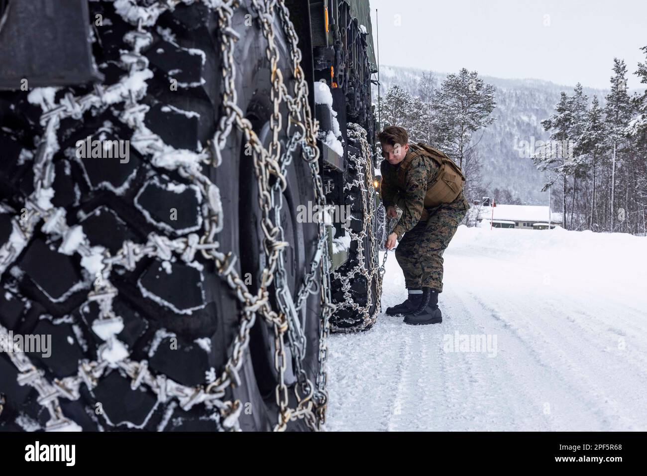 Setermoen, Troms, Norway. 3rd Mar, 2023. U.S. Marchine Pfc. Joseph Machado, a motor vehicle operator with Combat Logistics Battalion 2, Combat Logistics Regiment 2, 2nd Marchine Logistics Group, secures chains on a vehicle during a combat vehicle operators' course in Setermoen, Norway, March 2, 2023. Marchines are deployed to Norway as part of Marchine Rotational Forces Europe 23.1 which focuses on regional engagements throughout Europe by conducting various exercises, arctic cold-weather and mountain warfare training, and military-to-military engagements, which enhance overall interoperabil Stock Photo