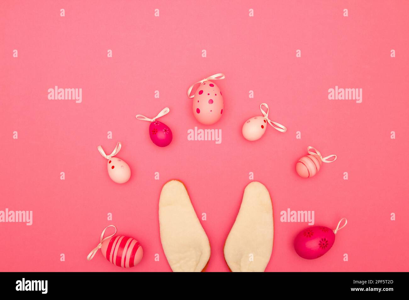 Celebrate Easter with a pink background that includes copy space, Easter eggs, and bunny ears Stock Photo