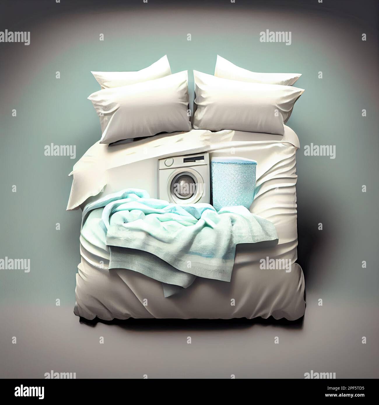 a bed with two pillows and a washing machine on it's side, in front of