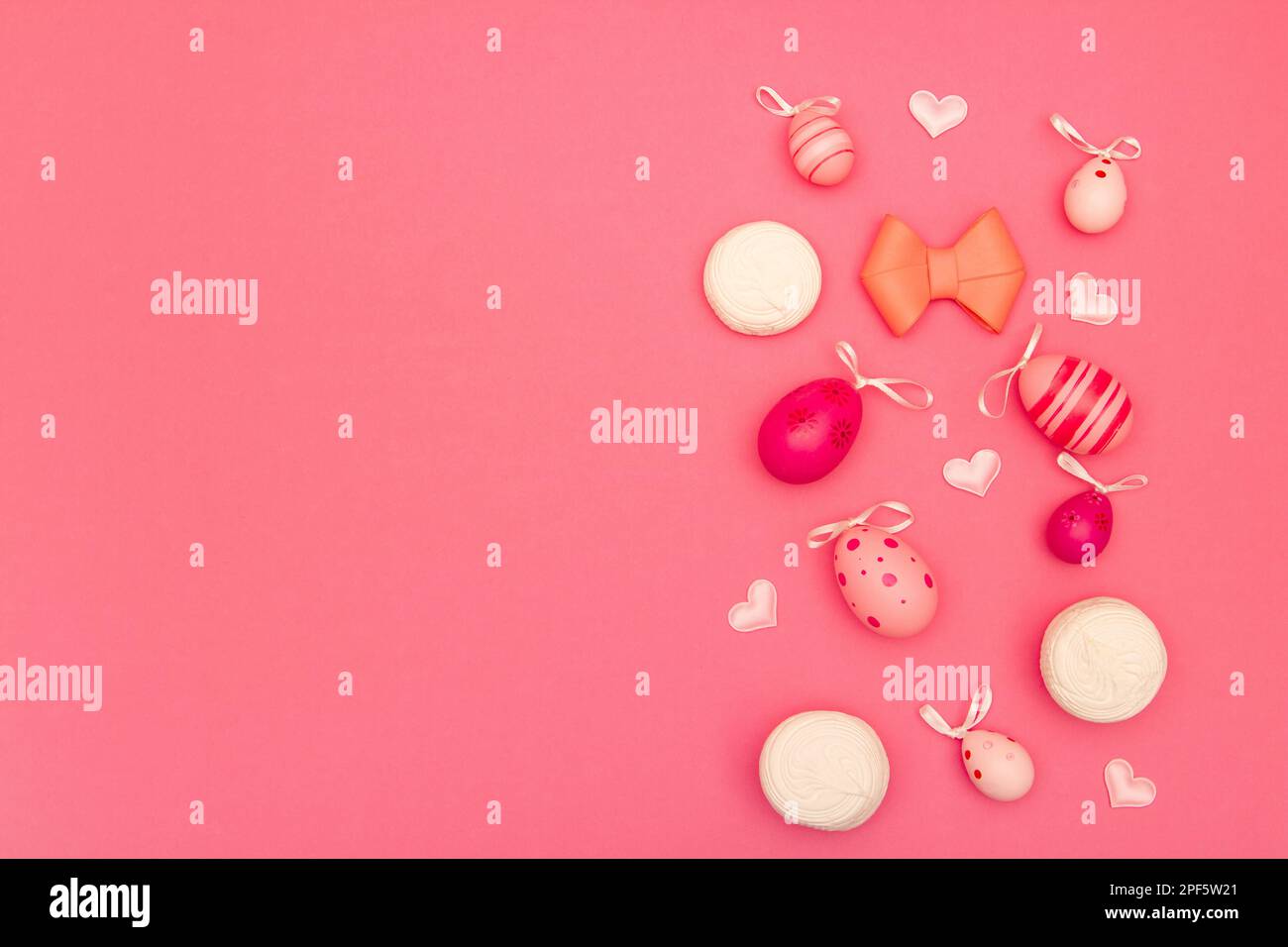 Use the pink Easter background with Easter eggs and other decorative elements as a template for copying Stock Photo