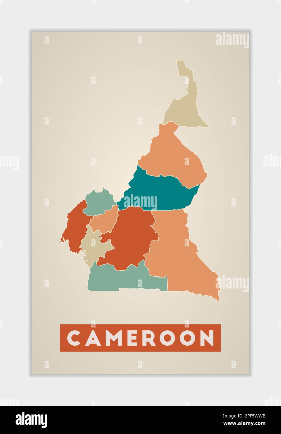 Cameroon poster. Map of the country with colorful regions. Shape of Cameroon with country name. Powerful vector illustration. Stock Vector