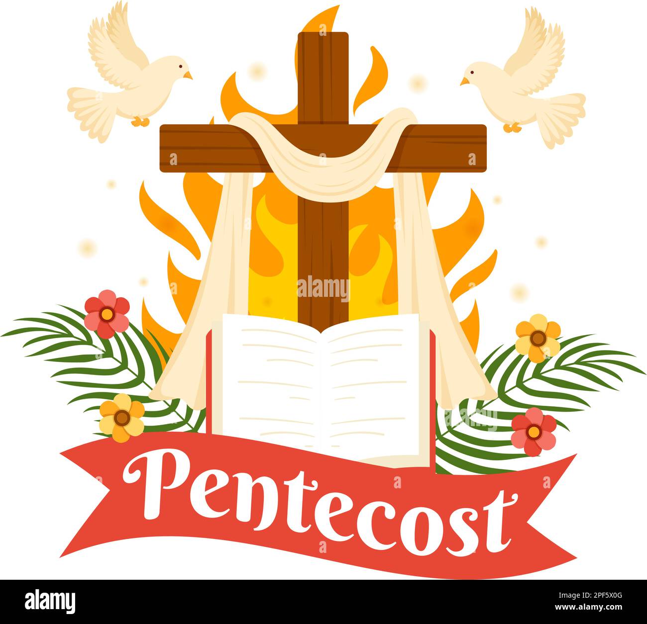 Pentecost Sunday Illustration with Flame and Holy Spirit Dove in Catholics or Christians Religious Culture Holiday Flat Cartoon Hand Drawn Templates Stock Vector