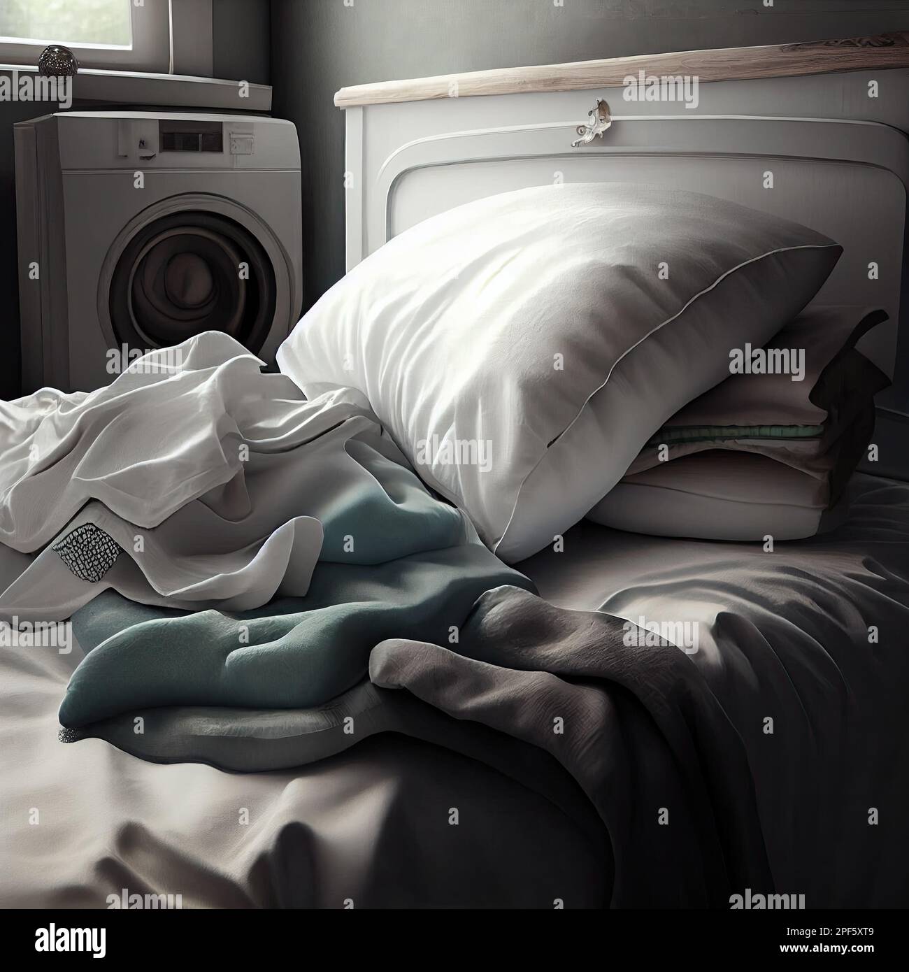 an unmade bed with two pillows and a washing machine in the background