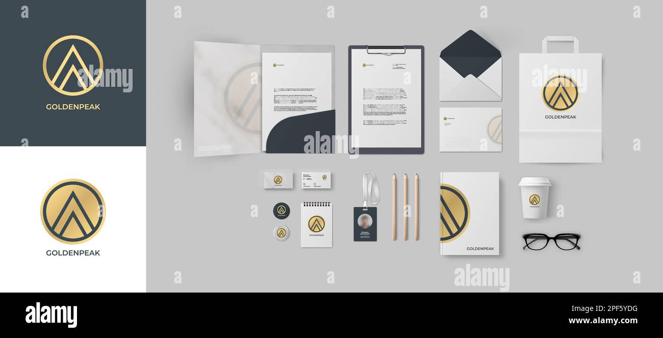 Branding design mockup set with golden logo and grey background. Premium corporate identity for financial or lawyer company with marble folder Stock Vector