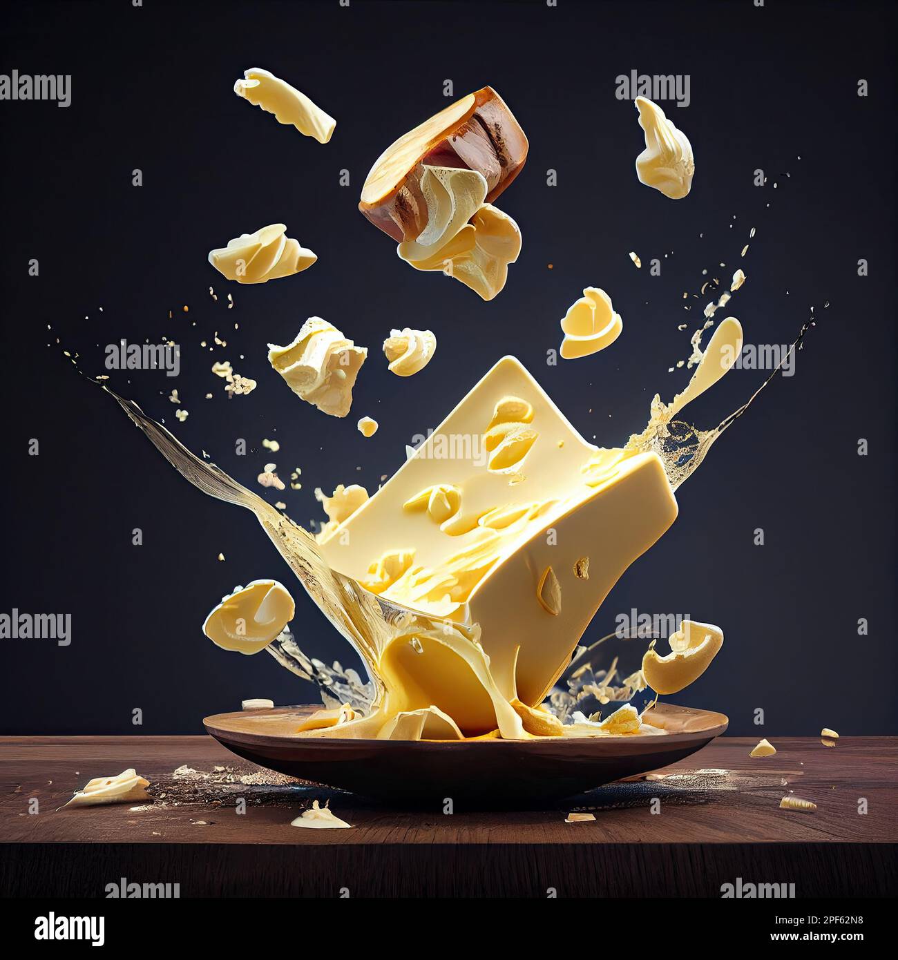 cheese falling into a bowl on a table with milk and chocolate splashing out from the top to the bottom Stock Photo