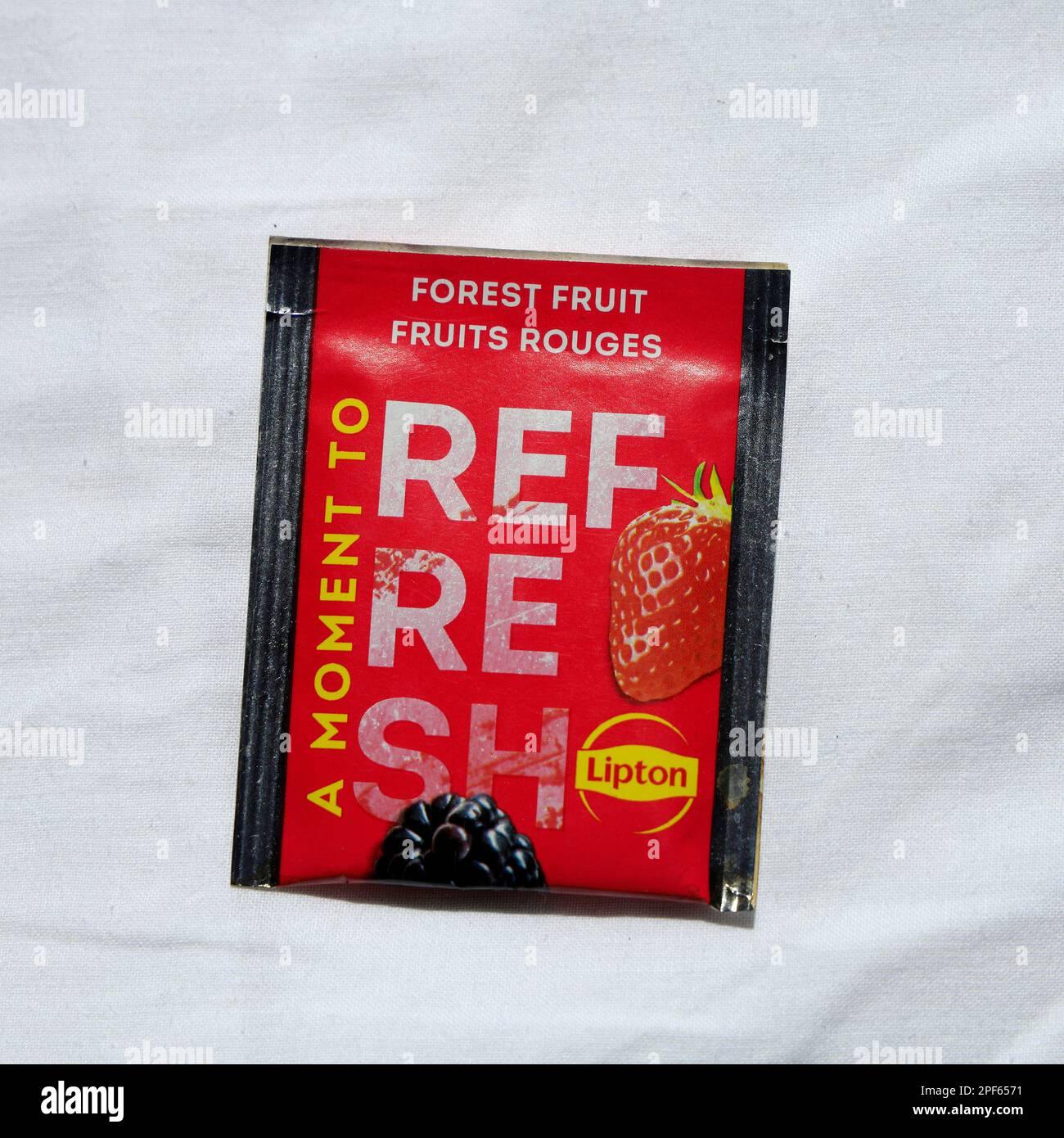Forest Fruits flavour Liptons tea bag. Refresh. Herbal tea sachet. cym Stock Photo