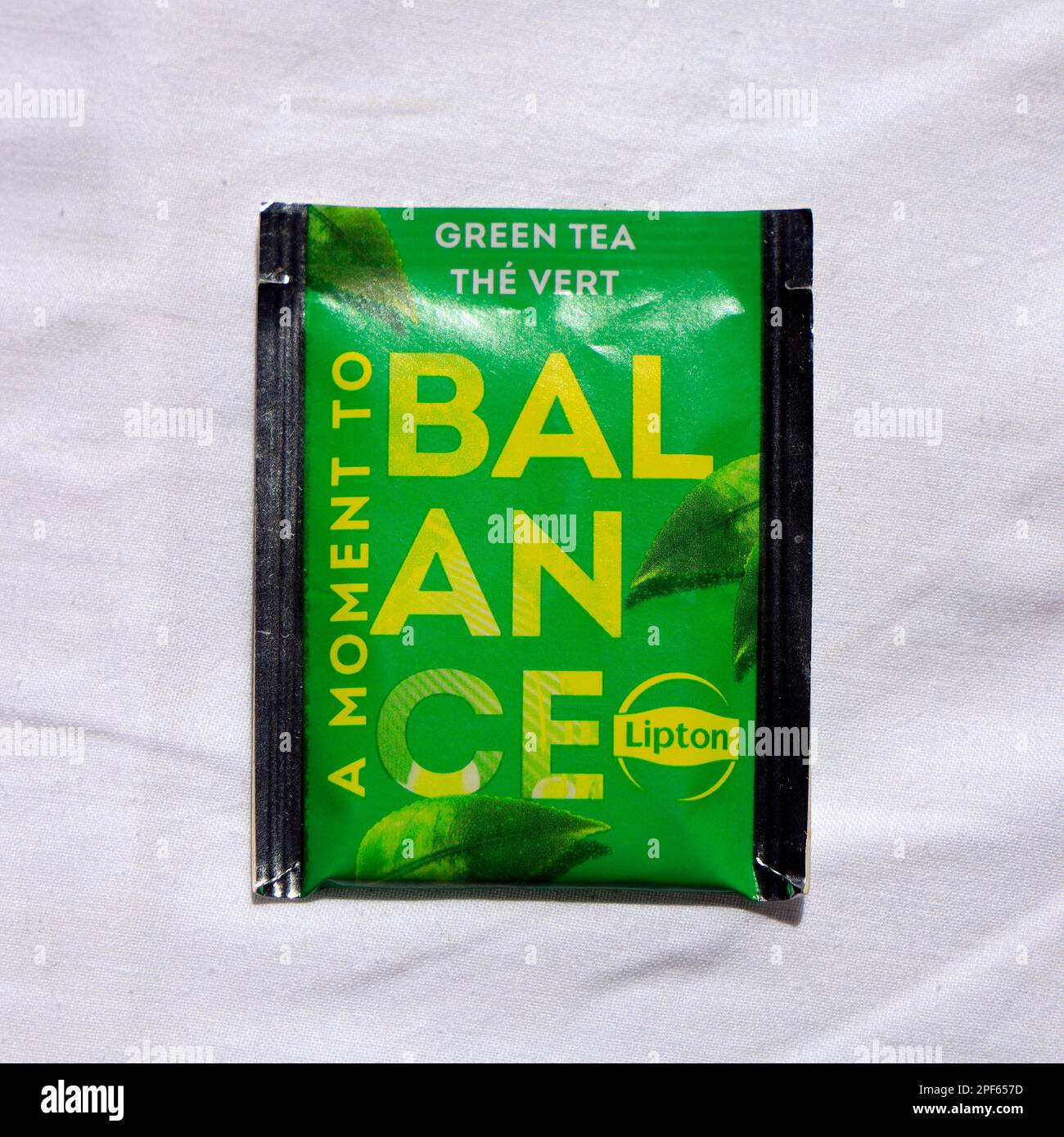 Herbal tea sachet. Balance green tea.. cym Stock Photo