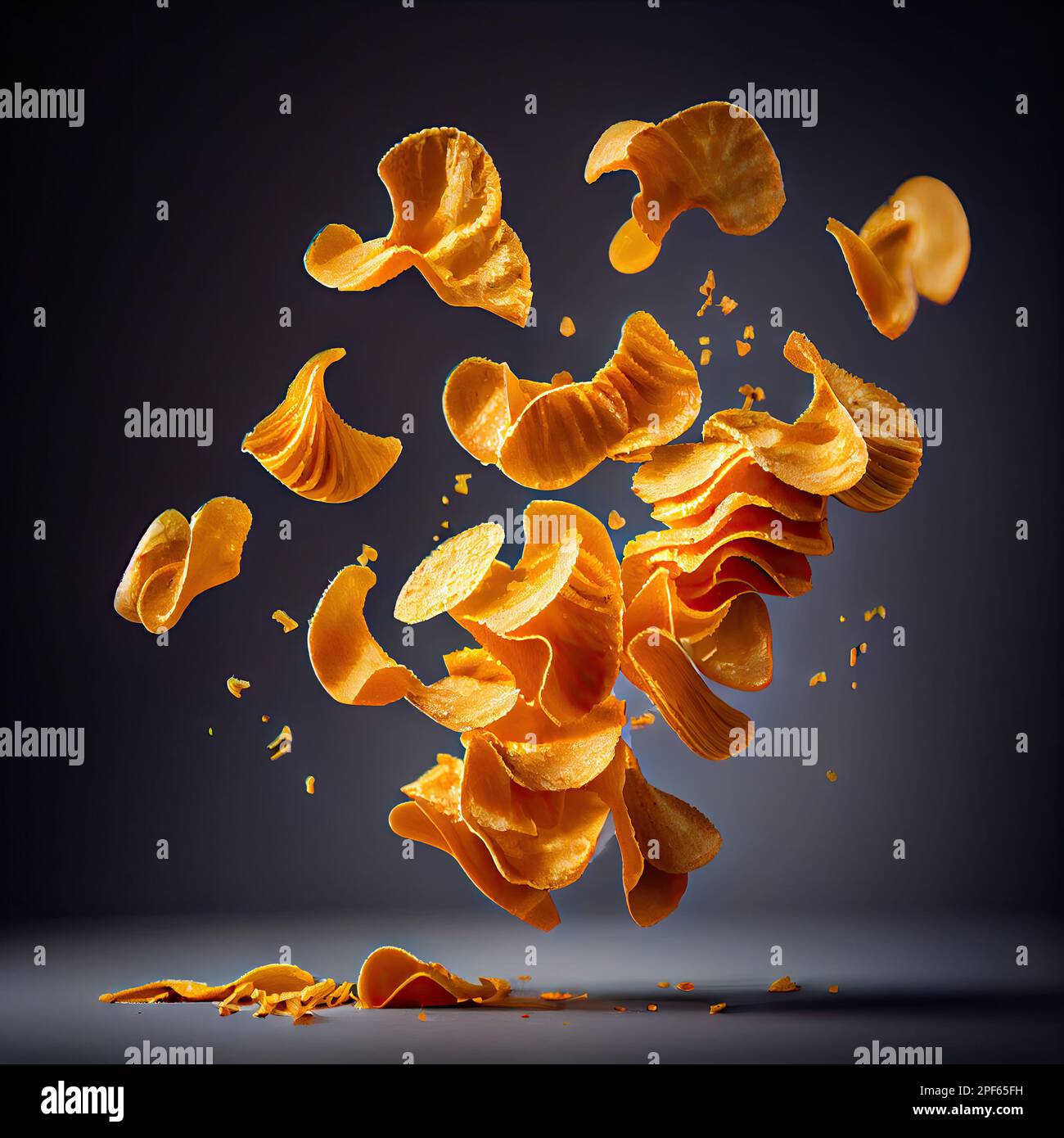 orange chips falling into the air on a black background with space for