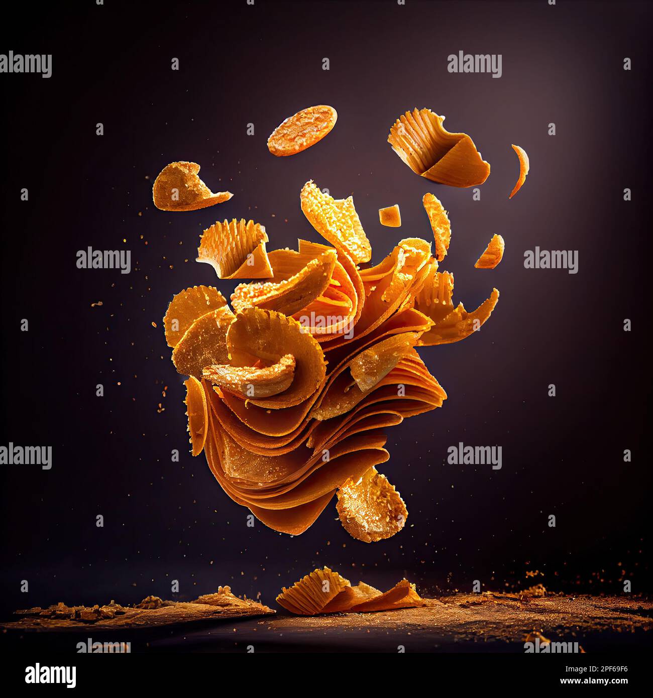 some food flying out of it's shells on a black background with gold