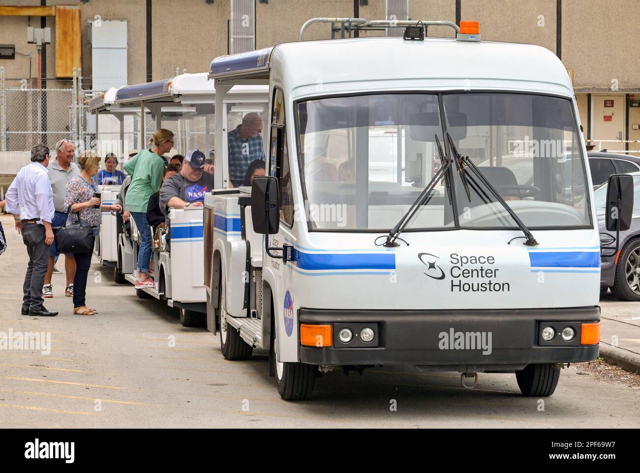 Houston, Texas, USA February 2023 Visitors to the Houston Space Center getting on a land