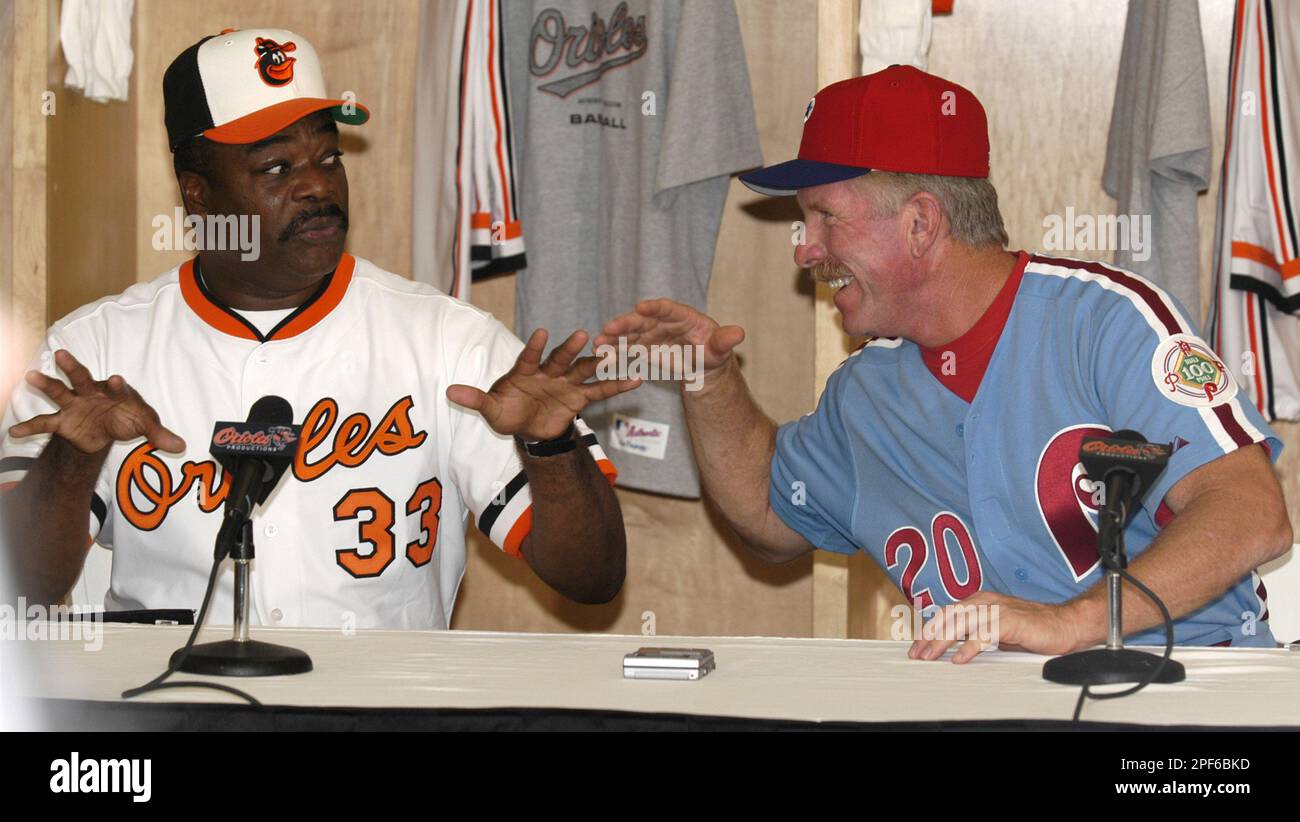 Two members of the teams in the1983 World Series, Philadelphia Phillies'  Mike Schmidt, right, and Baltimore Orioles' Eddie Murray, joke around  during a news conference prior to a home run contest Saturday