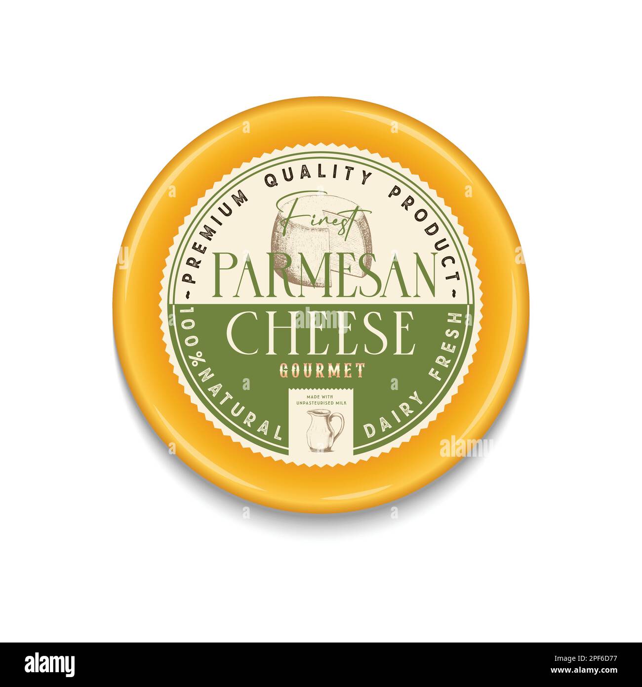 Parmesan Cheese vintage round label and packaging design template. cheese detailed icons. Dairy product illustration for dairies, package and Stock Vector