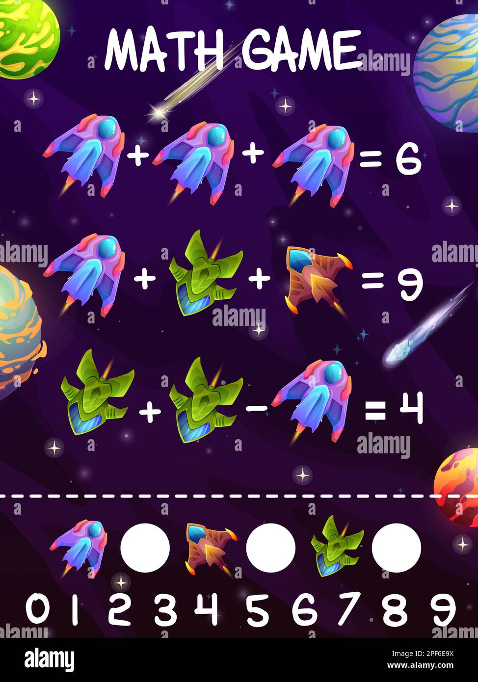 Starcrafts and spaceships in galaxy math game worksheet. Educational