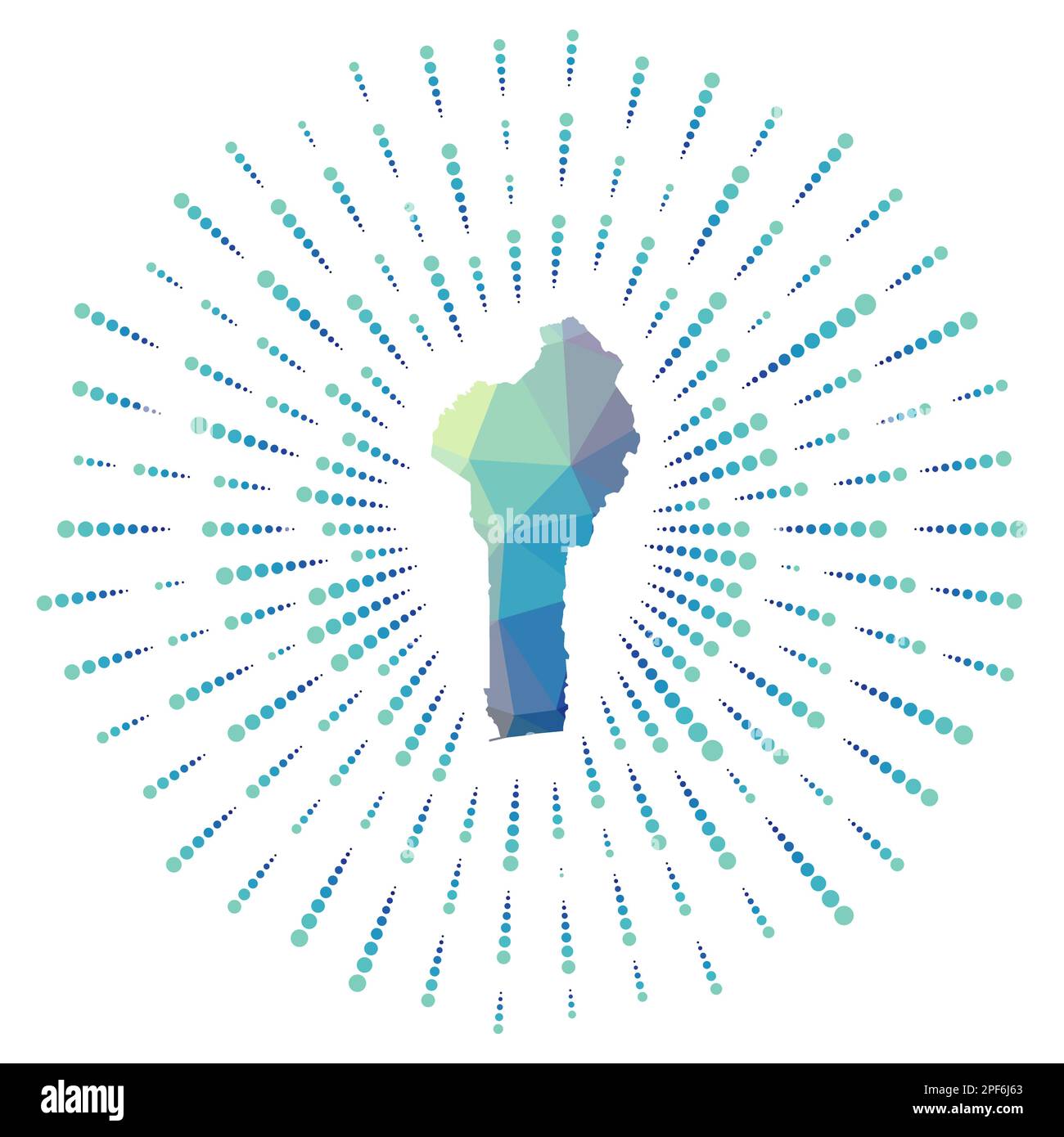 Shape of Benin, polygonal sunburst. Map of the country with colorful star rays. Benin illustration in digital, technology, internet, network style. Stock Vector
