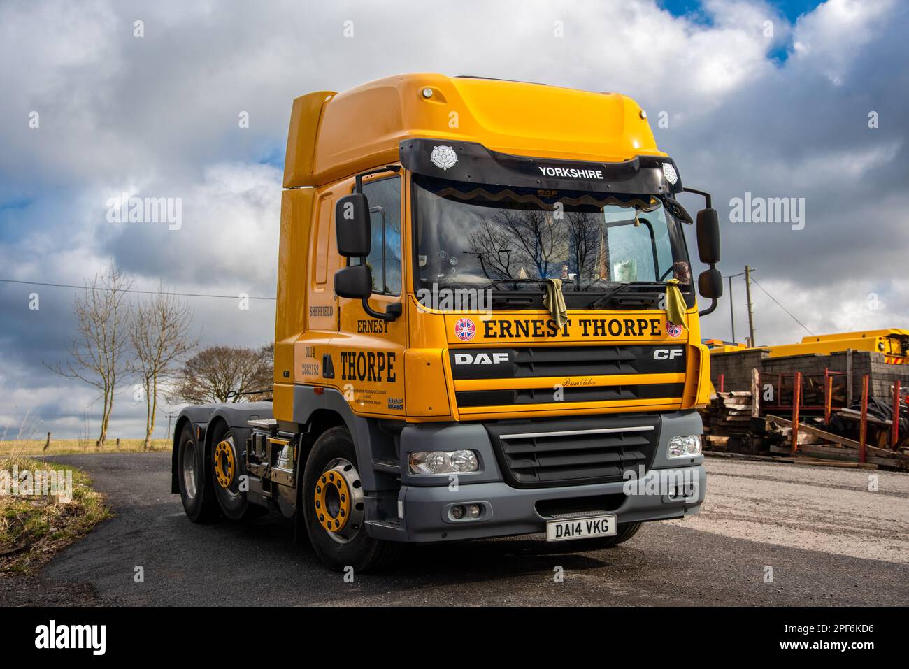 DAF CF truck of Ernest Thorpe Haulage parked in a freight yard in Winter Stock Photo