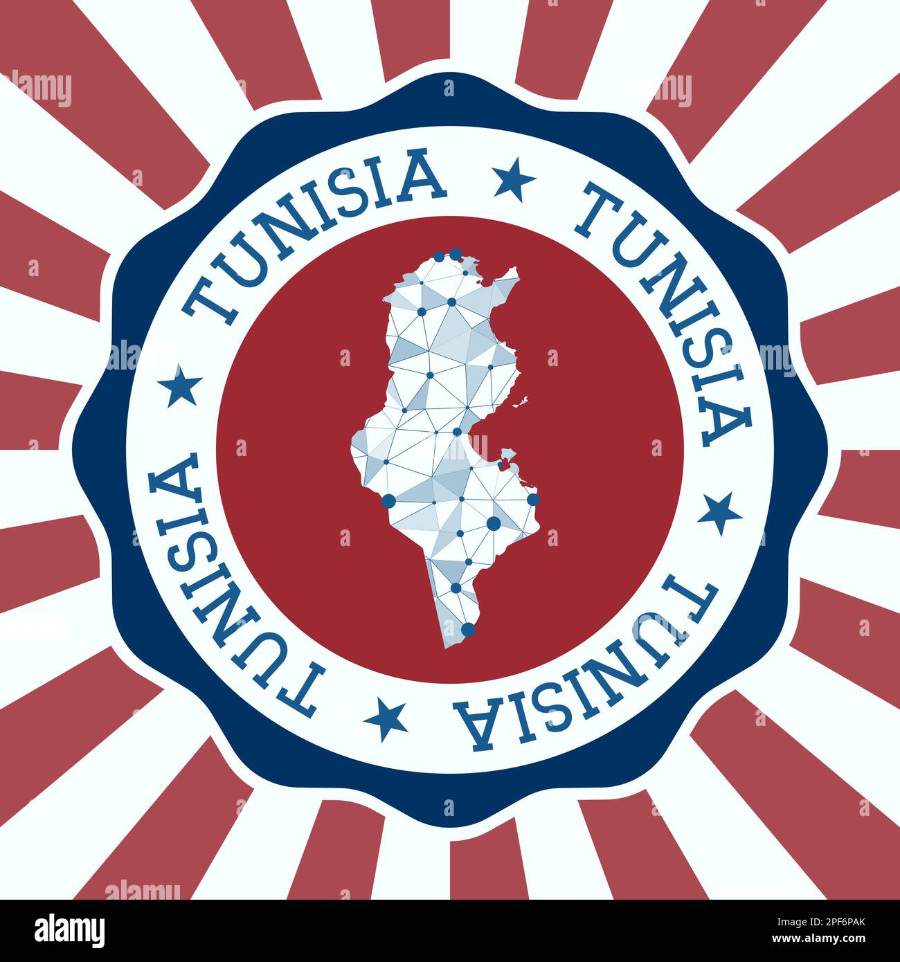 Tunisia Badge. Round logo of country with triangular mesh map and radial rays. EPS10 Vector. Stock Vector