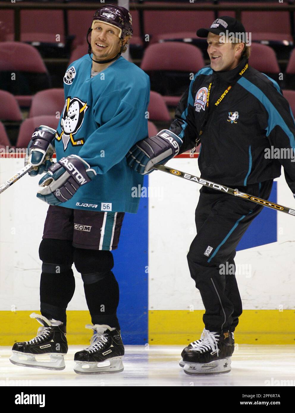 Anaheim Mighty Ducks Steve Thomas, right, celebrates his goal against the  New Jersey Devils with teammate Steve Rucchin during first period Game 6 Stanley  Cup Finals action Saturday, June 7, 2003 in