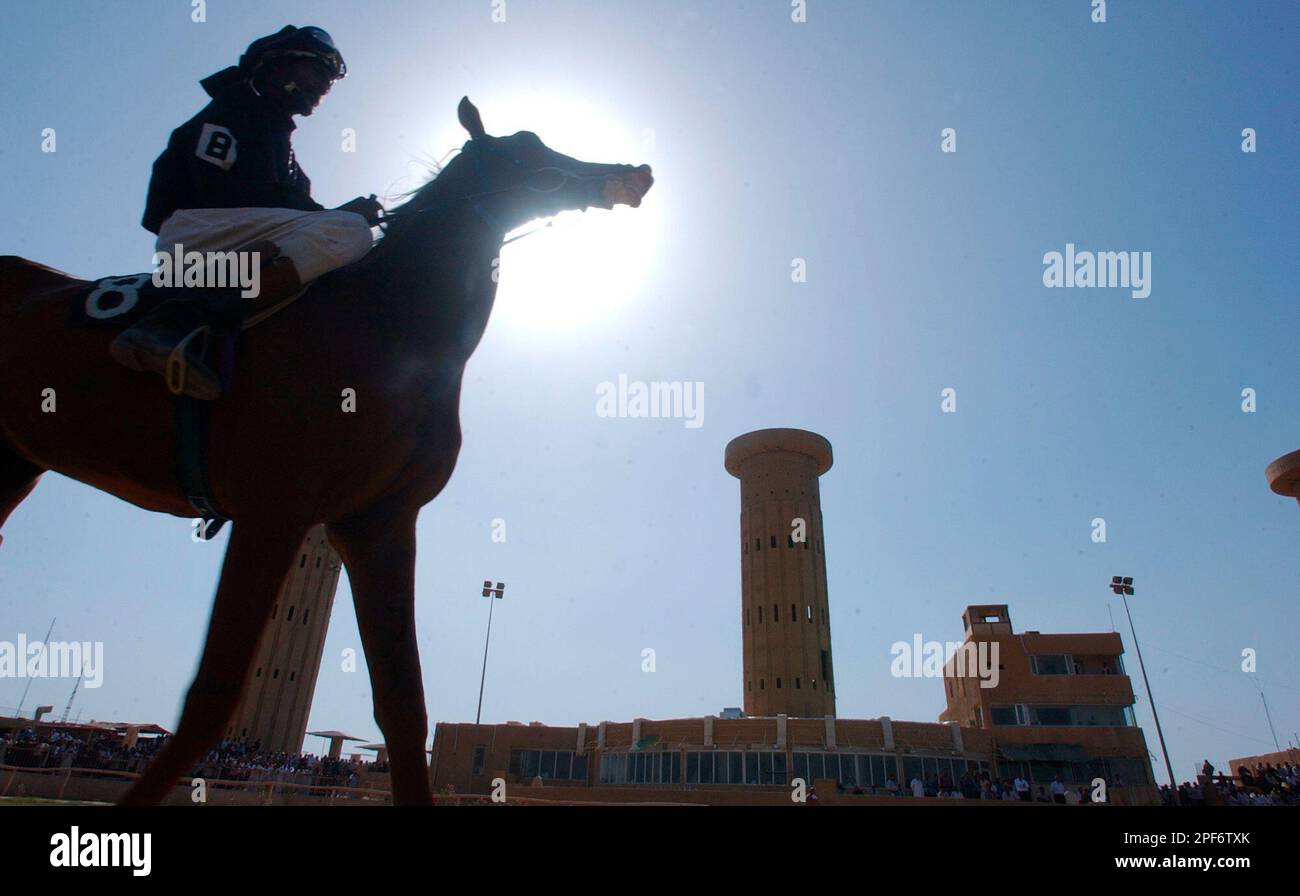 An Iraqi jockey walks his horse outside Stablat race track in Baghdad