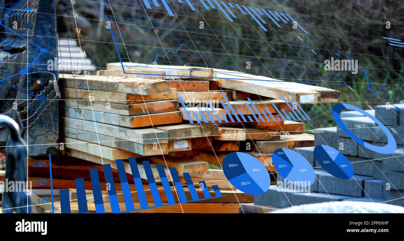 Image of data processing and graphs over building site Stock Photo