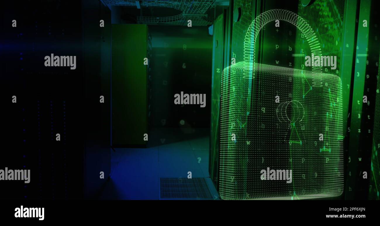 Image of data processing and padlock over server room Stock Photo - Alamy
