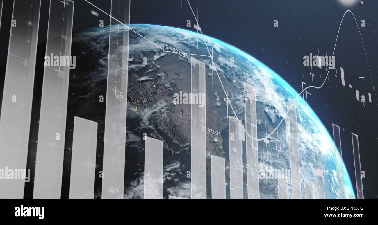 Image of statistics and financial data processing over globe Stock Photo