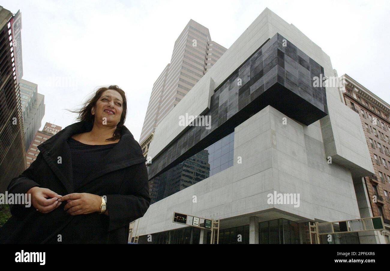 Architect Zaha Hadid stands outside the Lois & Richard