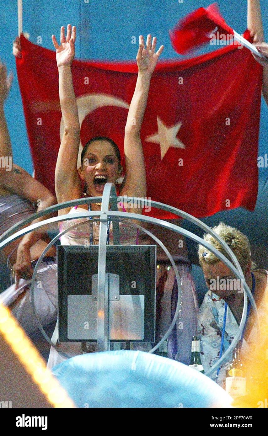 Turkey's Setab Erener the winner of the Eurovision Song Contest celebrates  on backstage in the Skonto halle in Riga, Latvia late Saturday May 24,  2003. She won with a song entitled 'Every
