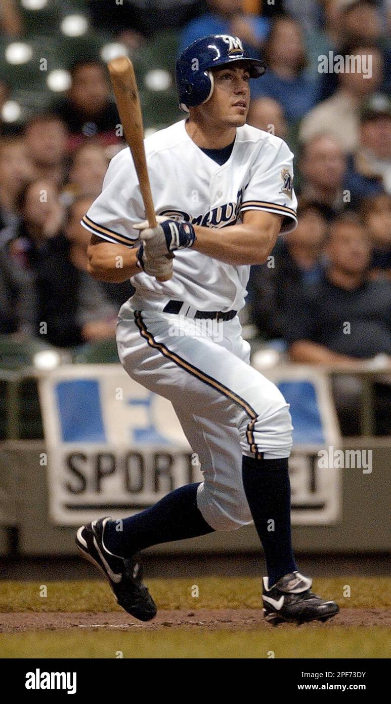 Milwaukee Brewers' Scott Podsednik hits a home run in the first inning  against the San Diego Padres Monday, May 19, 2003, in Milwaukee. In  Podsednik's first week as a starter, the 27-year-old
