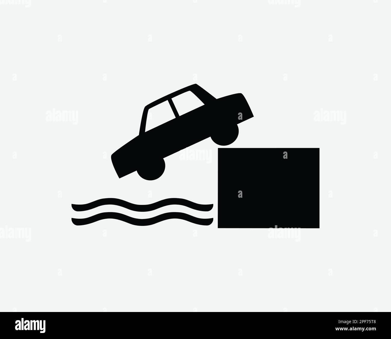 Car Drive off Cliff Icon Vehicle Fall Falling into Water Sea Vector Black White Silhouette Symbol Sign Graphic Clipart Artwork Illustration Pictogram Stock Vector