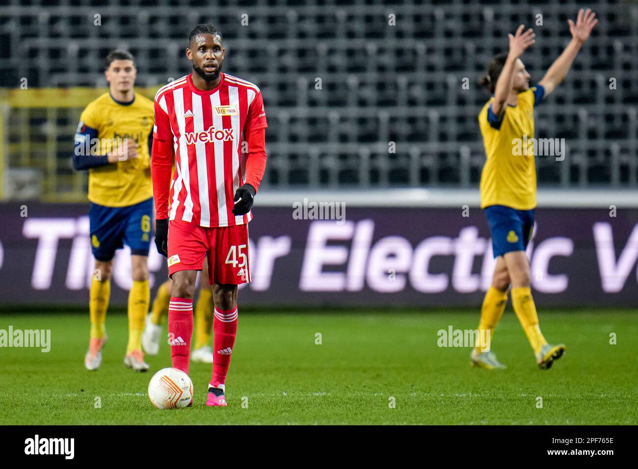 BRUSSELS BELGIUM MARCH 16 Jordan Siebatcheu of 1. FC Union Berlin looks dejected after conceding his sides third goal during the UEFA Europa League Round of 16 Leg Two match between