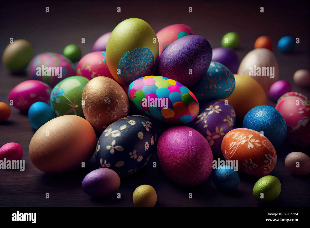 colorful easter eggs on a wooden table with flowers and leaves in the egg is surrounded by many smaller colored eggs Stock Photo