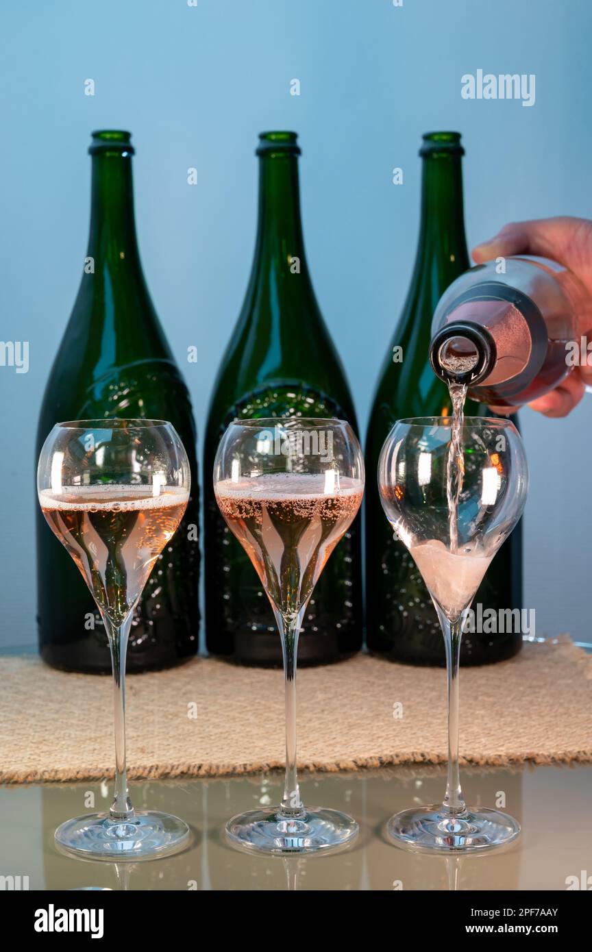 Tasting of rose brut Champagne sparkling wine in cellars of gran cru