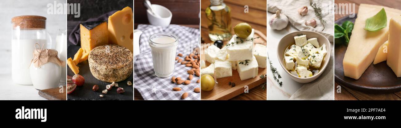 Collage of tasty dairy products on table Stock Photo