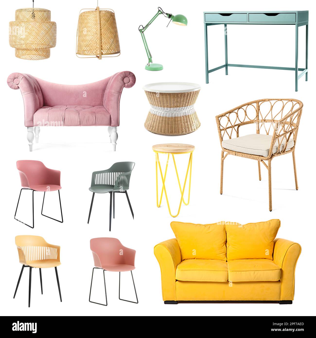 Collage of new modern furniture and lamps on white background Stock ...
