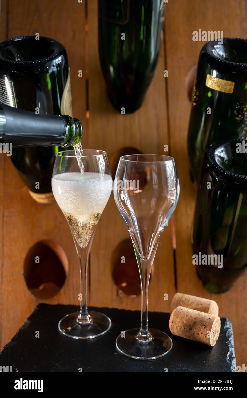 Glasses of sparkling white wine champagne gran cru or cava with bubbles