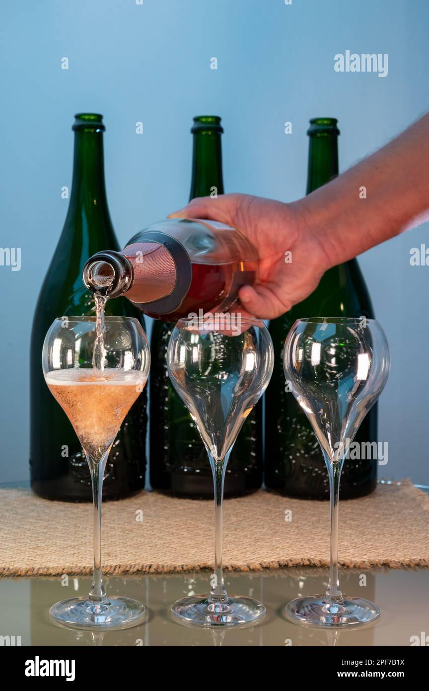 Tasting of rose brut Champagne sparkling wine in cellars of gran cru
