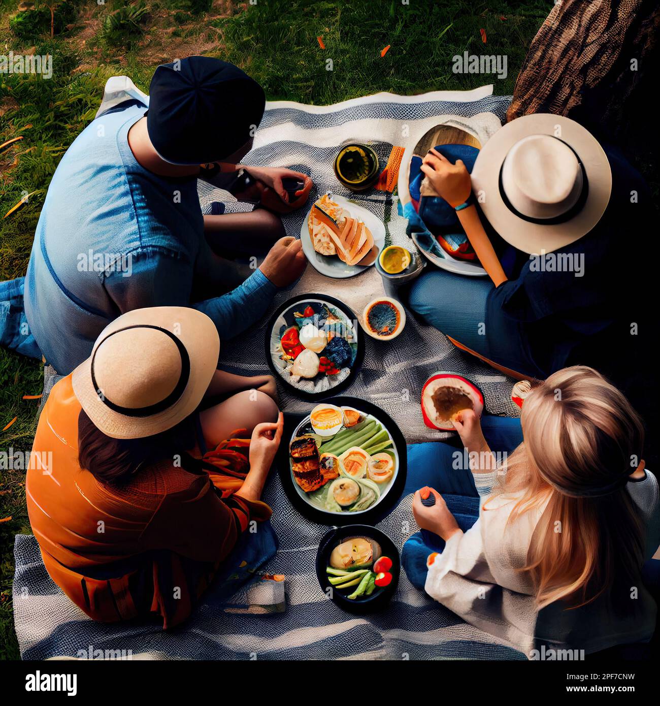 three people sitting on a blanket eating food and talking to each other