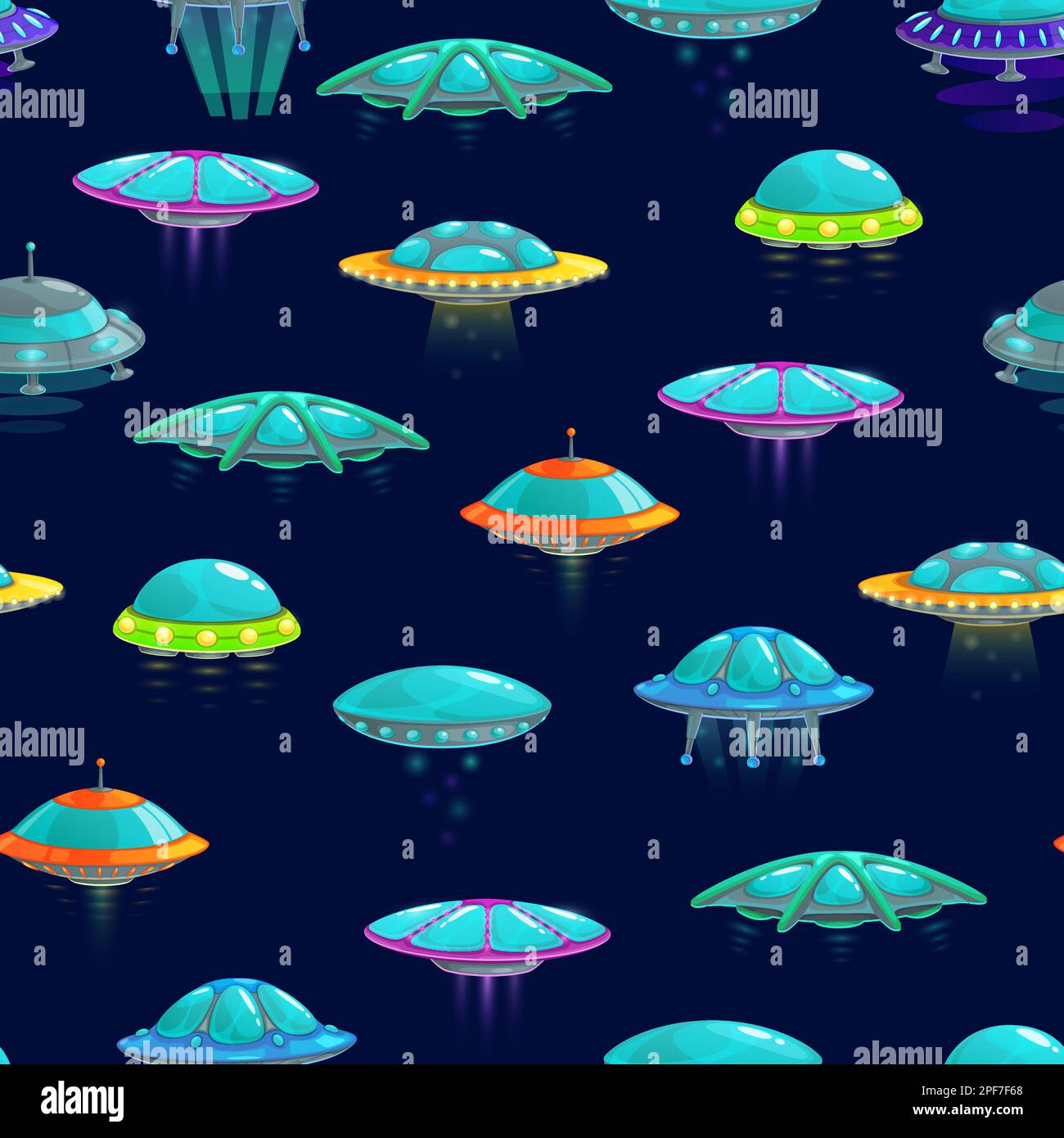 Cartoon ufo and spacecrafts seamless pattern. Vector background with ...