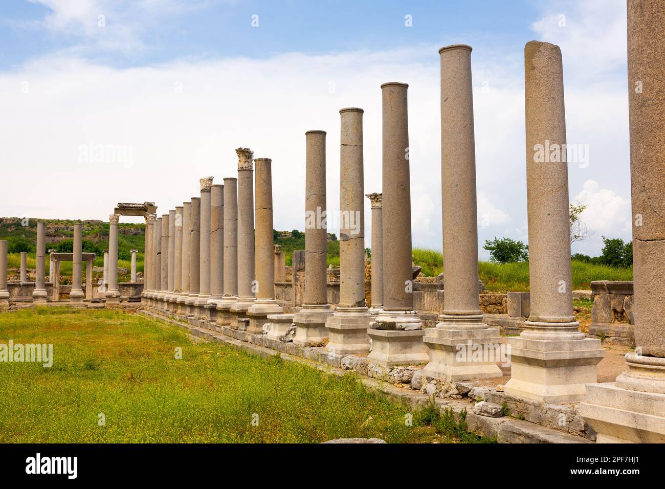 Remains of stone columns of Agora in ancient settlement of Perga ...