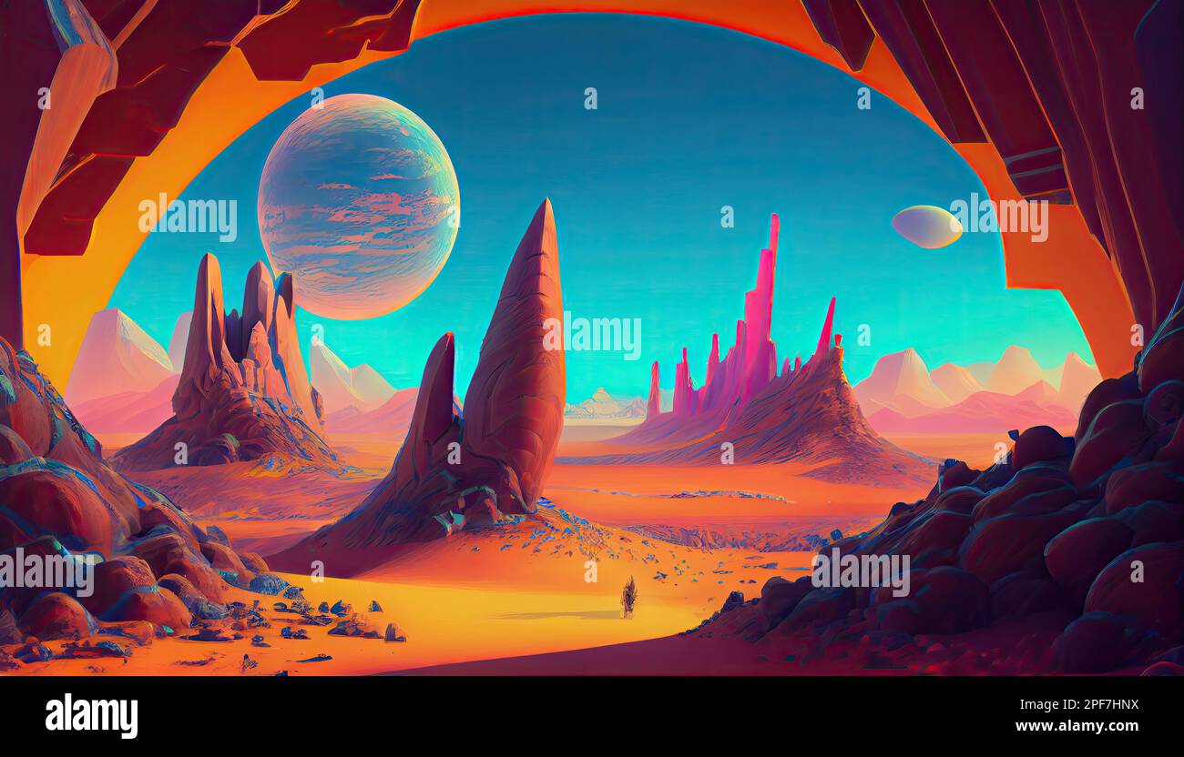an alien landscape with mountains and planets in the distance, as if ...