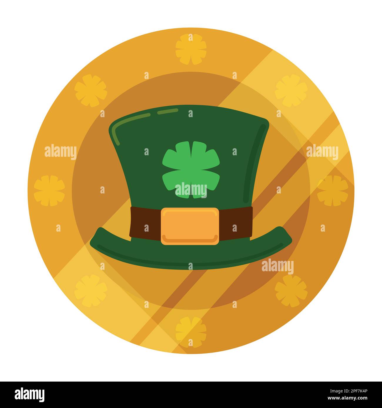 St. Patrick's Day commemorative golden coin decorated with green top hat and shamrocks. Isolated object in flat style. Stock Vector