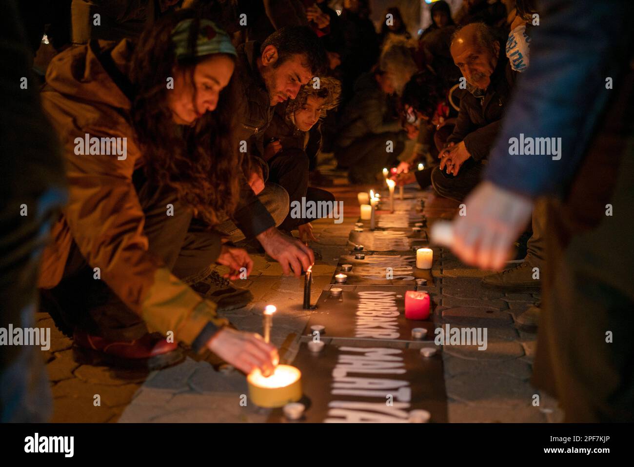 March 16, 2023, Istanbul, Istanbul, Turkey: On February 6, 2023, a total of 48 thousand 448 people lost their lives in two earthquakes with a magnitude of 7.7 and 7.6 in Kahramanmaras, Turkey. On the 40th day of the earthquake, people commemorated their lost lives with light candles. Candles were lit on black cards on which the names of 11 cities (Adana, Adiyaman, Diyarbakir, Elazig, Gaziantep, Hatay, Kahramanmaras, Kilis, Malatya, Osmaniye ve Sanliurfa) affected by the earthquake were written in KadikoyÂ Square, Istanbul. (Credit Image: © Tolga Uluturk/ZUMA Press Wire) EDITORIAL USAGE ONLY! N Stock Photo