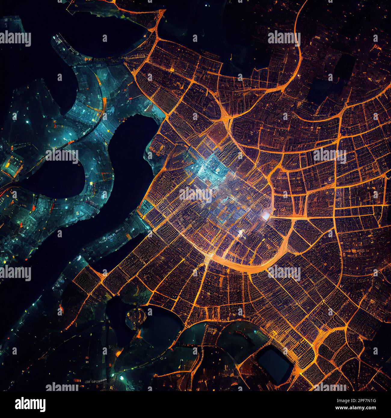 an aerial view of the city at night, with lights shining on the ...