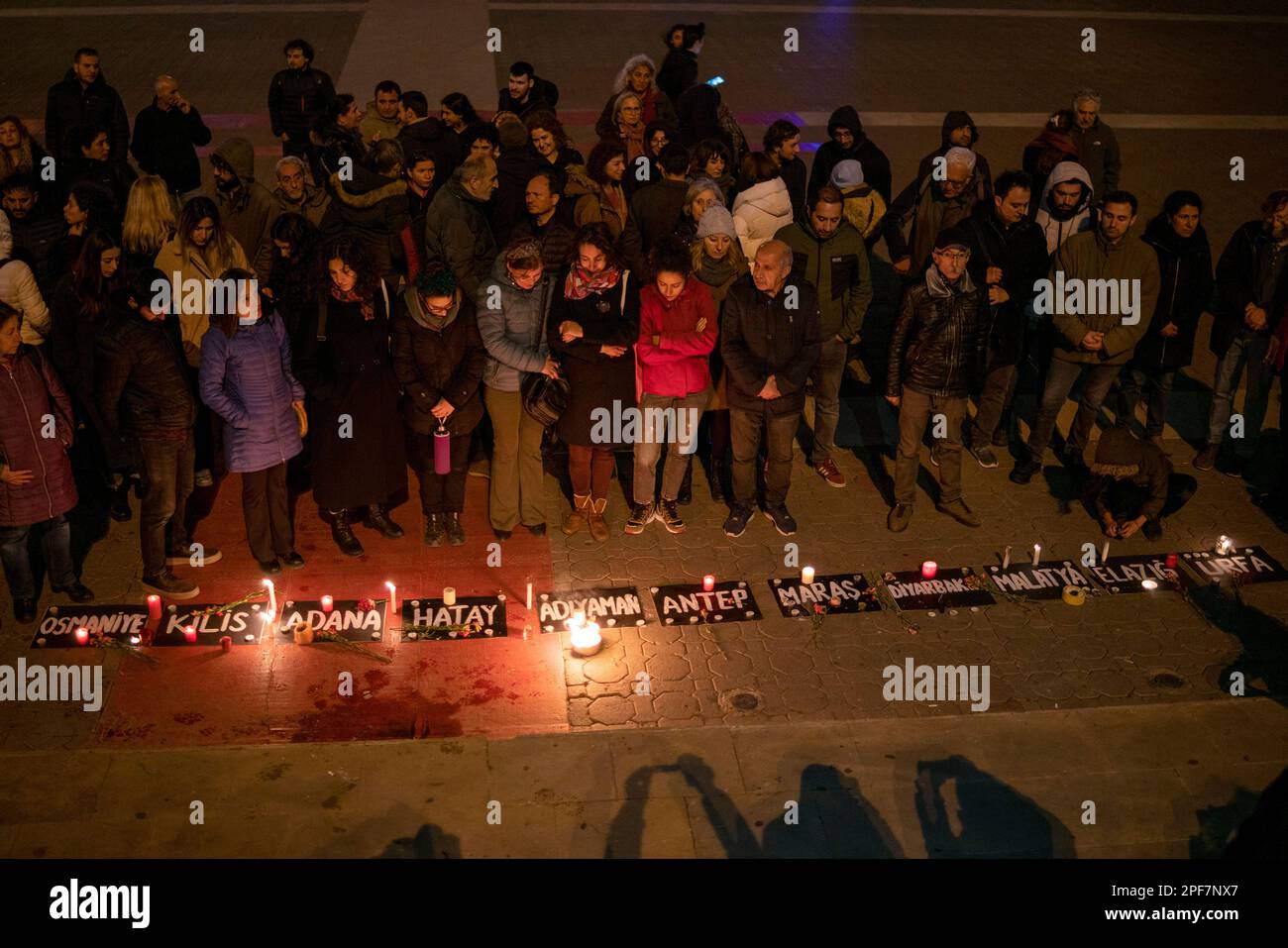 March 16, 2023, Istanbul, Istanbul, Turkey: On February 6, 2023, a total of 48 thousand 448 people lost their lives in two earthquakes with a magnitude of 7.7 and 7.6 in Kahramanmaras, Turkey. On the 40th day of the earthquake, people commemorated their lost lives with light candles. Candles were lit on black cards on which the names of 11 cities (Adana, Adiyaman, Diyarbakir, Elazig, Gaziantep, Hatay, Kahramanmaras, Kilis, Malatya, Osmaniye ve Sanliurfa) affected by the earthquake were written in KadikoyÂ Square, Istanbul. (Credit Image: © Tolga Uluturk/ZUMA Press Wire) EDITORIAL USAGE ONLY! N Stock Photo