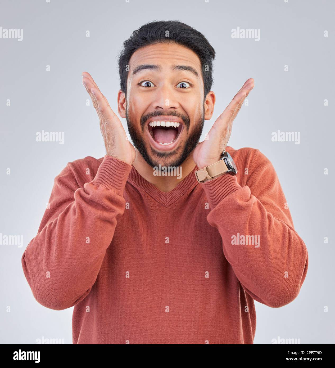 Surprise, excited and portrait of man happy on white background with