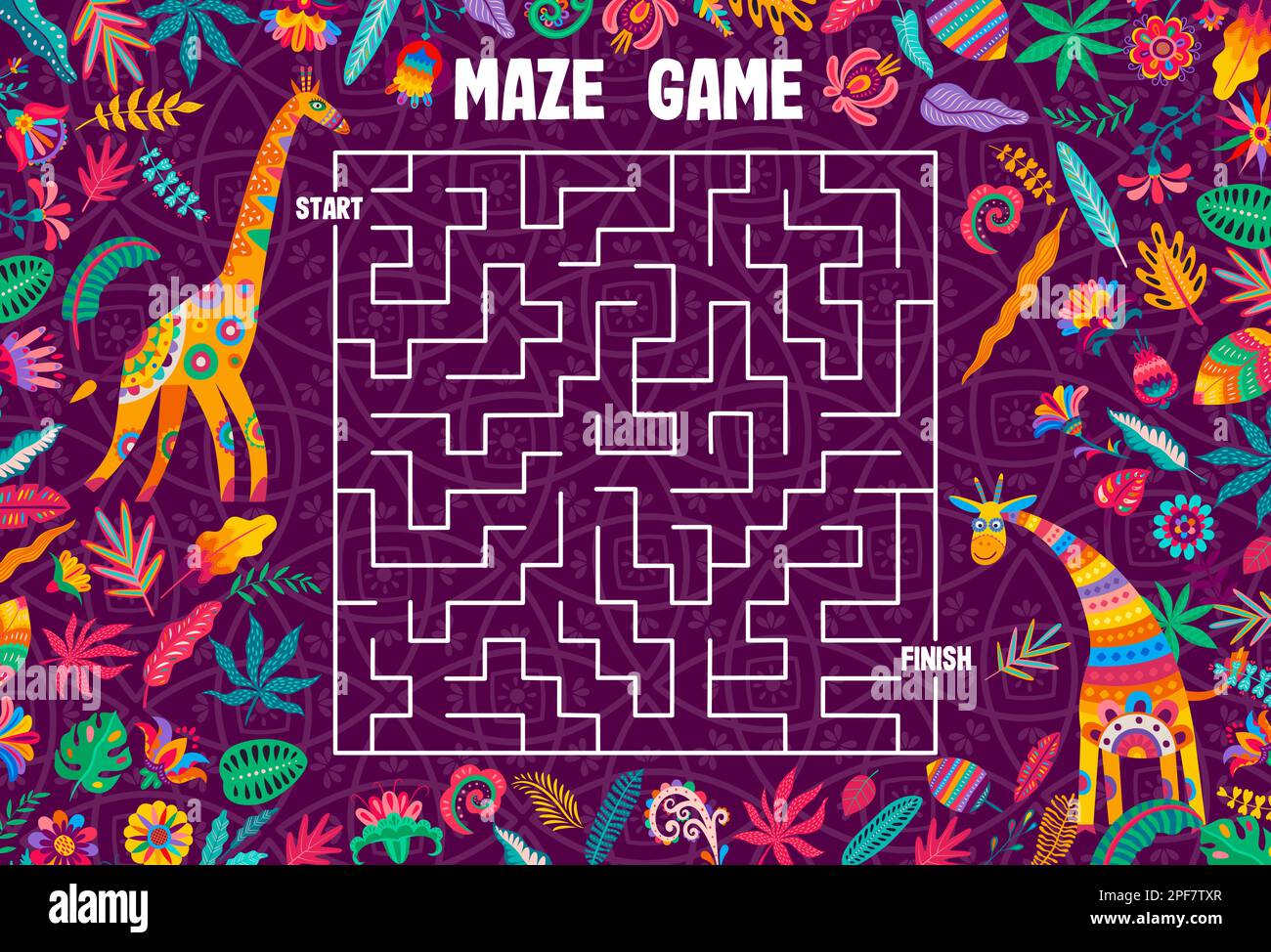 Labyrinth maze game help to giraffe to find his friend. Kids vector boardgame worksheet with cartoon funny african animals trying to search correct pa Stock Vector