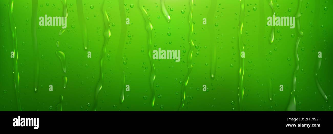 Water droplets and streams on green surface. Vector realistic illustration of wet shower glass